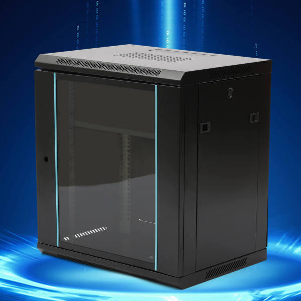 12u Deep Black Wall Mounted Data Cabinet Patch Panel Comms Network, 60*45*65cm, for Network Equipment, Monitoring