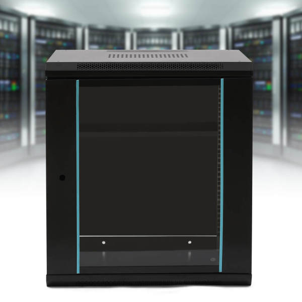 12u Deep Black Wall Mounted Data Cabinet Patch Panel Comms Network, 60*45*65cm, for Network Equipment, Monitoring