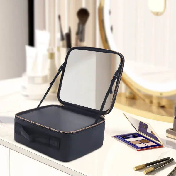 Travel Make-Up Storage Bag Make Up Artist Tool Box Cosmetic Brush Case Toiletry Organizer w/ Mirror Makeup Bag