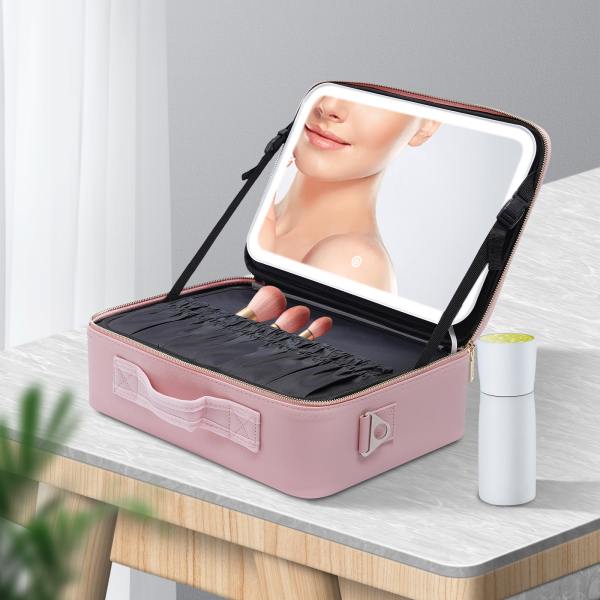Large Capacity Train Makeup Bag Case Pink with 3 Level LED Light Mirror Portable