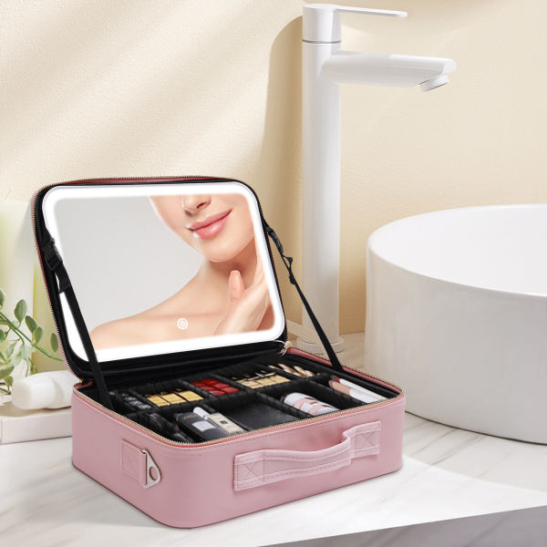 Large Capacity Train Makeup Bag Case Pink with 3 Level LED Light Mirror Portable