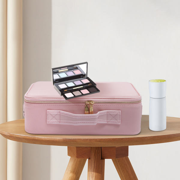 Large Capacity Train Makeup Bag Case Pink with 3 Level LED Light Mirror Portable