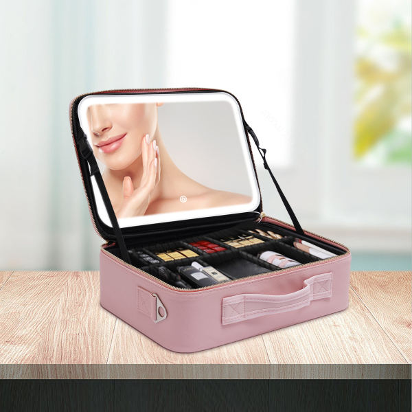 Large Capacity Train Makeup Bag Case Pink with 3 Level LED Light Mirror Portable