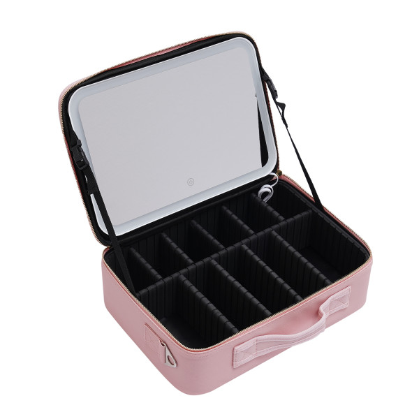 Large Capacity Train Makeup Bag Case Pink with 3 Level LED Light Mirror Portable