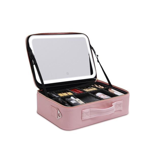 Large Capacity Train Makeup Bag Case Pink with 3 Level LED Light Mirror Portable