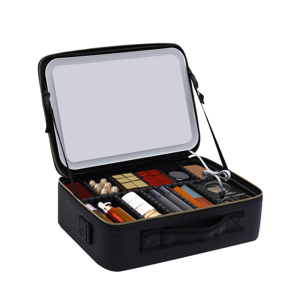 Travel Cosmetic Case with Mirror Portable Adjustable Dividers Box for Lady Jewelry Gift Black (Black)