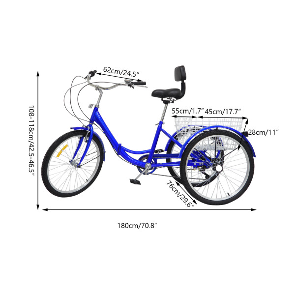 24'' Folding Adult Tricycle Capacity 120KG 3 Wheels Adult Trike Bike Cruiser Bike 7 Speed with Basket