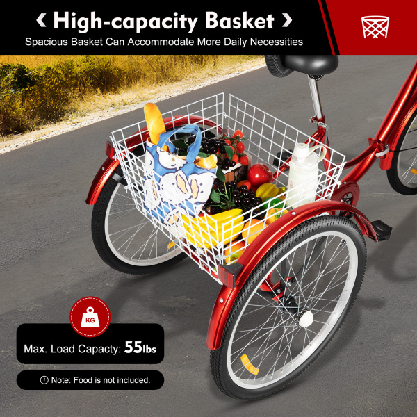 Foldable Tricycle for Adults with Backrest 24Inch 7 Speed - Adult Trike Bike with Basket 120KG Load Height Adjustable Cruiser Bikes