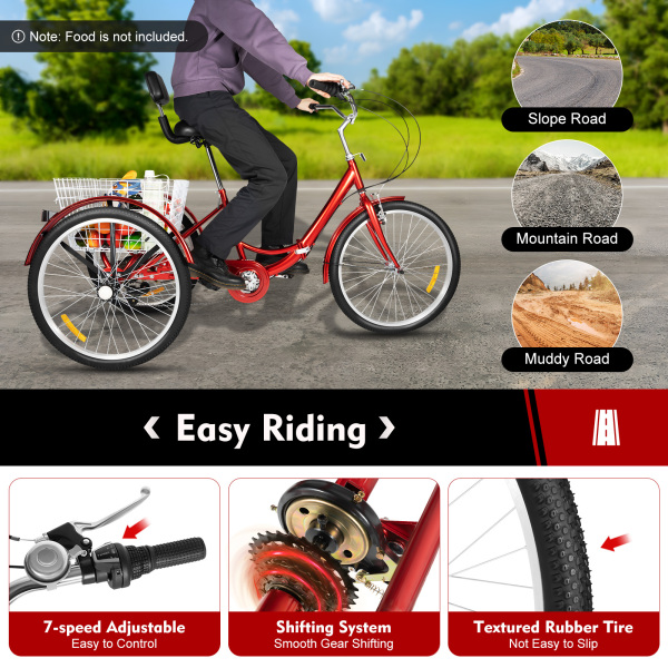 Foldable Tricycle for Adults with Backrest 24Inch 7 Speed - Adult Trike Bike with Basket 120KG Load Height Adjustable Cruiser Bikes