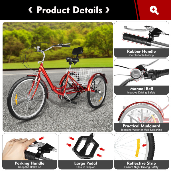 Foldable Tricycle for Adults with Backrest 24Inch 7 Speed - Adult Trike Bike with Basket 120KG Load Height Adjustable Cruiser Bikes
