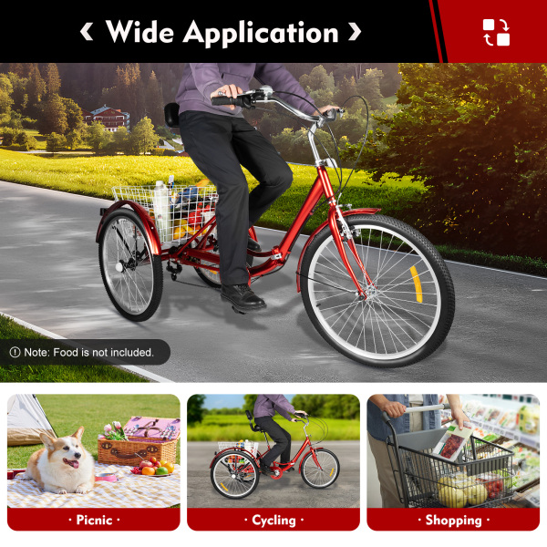 Foldable Tricycle for Adults with Backrest 24Inch 7 Speed - Adult Trike Bike with Basket 120KG Load Height Adjustable Cruiser Bikes