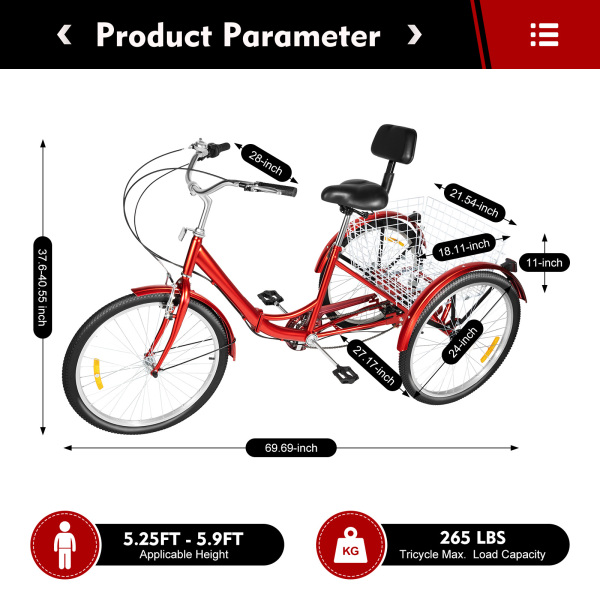 Foldable Tricycle for Adults with Backrest 24Inch 7 Speed - Adult Trike Bike with Basket 120KG Load Height Adjustable Cruiser Bikes