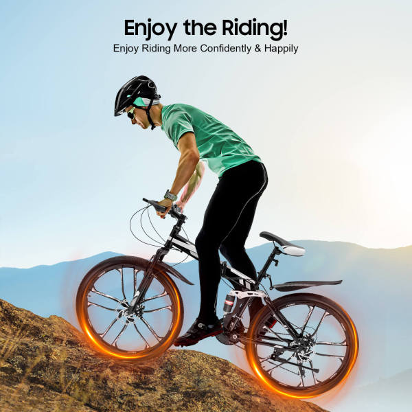26 inch 21 speed 10 spoke Folding Mountain Bike - High-carbon Steel, Adjustable Height, for Mountain & Urban Cycling - Black & White