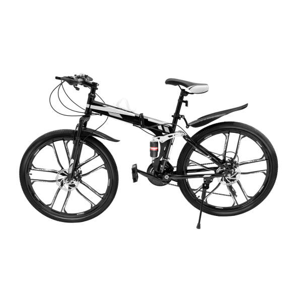 26 inch 21 speed 10 spoke Folding Mountain Bike - High-carbon Steel, Adjustable Height, for Mountain & Urban Cycling - Black & White