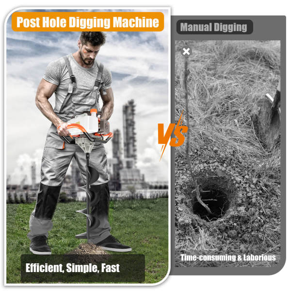 71CC Two-Stroke Post Hole Digging Machine with 3 Alloy Steel Drill Bits, Extension Rod - for Tree Planting, Fence Installation, Farmland