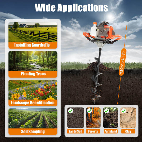 71CC Two-Stroke Post Hole Digging Machine with 3 Alloy Steel Drill Bits, Extension Rod - for Tree Planting, Fence Installation, Farmland