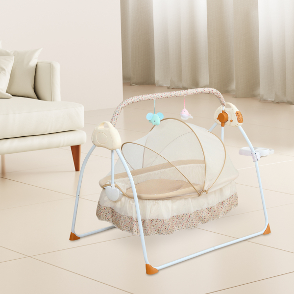 Baby Crib Cradle Rocking Chair Auto 5 Speeds Swing Adjustable up to 0-25Kg for Infant Newborn Baby 0-18 Months Boys & Girls (Khaki)