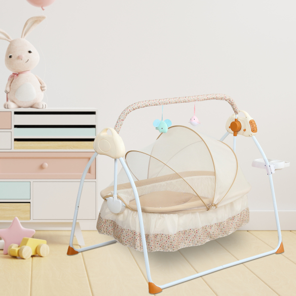 Baby Crib Cradle Rocking Chair Auto 5 Speeds Swing Adjustable up to 0-25Kg for Infant Newborn Baby 0-18 Months Boys & Girls (Khaki)