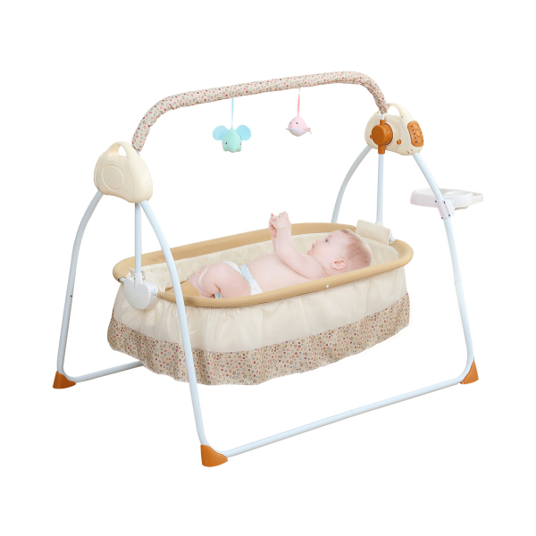 Baby Crib Cradle Rocking Chair Auto 5 Speeds Swing Adjustable up to 0-25Kg for Infant Newborn Baby 0-18 Months Boys & Girls (Khaki)